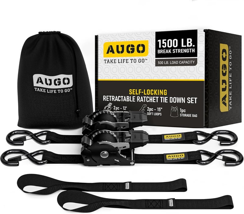 AUGO Self-Locking Retractable Ratchet Straps | 2 Heavy Duty Self-Tensioning Retractable Tie Down Straps with Soft Loops & Storage Bag | for Motorcycle, Truck, Cargo | 1500Lb Break Strength 1” x 12’ - Image 1